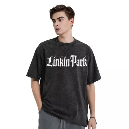 Summer Letter Pattern Printed T-Shirt Cotton Washed Vintage Distressed Short Sleeve Trendy Hip Hop Top