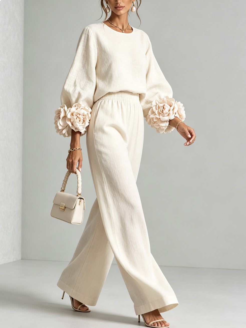Women's Two-Piece Set Lantern Sleeve Top and Wide-Leg Pants Casual Loose Suit