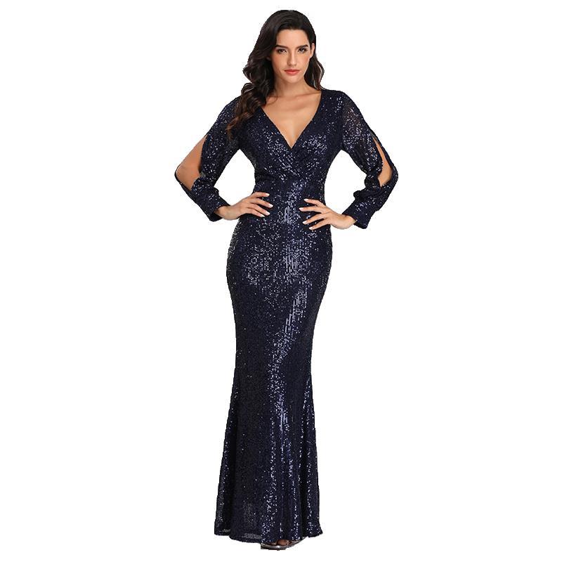 Spring Autumn New Women's Plus Size Long Sleeve V Neck Sequin Mermaid Evening Dress |women's clothing