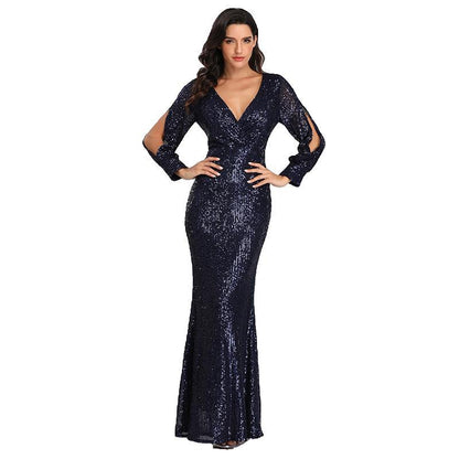 Spring Autumn New Women's Plus Size Long Sleeve V Neck Sequin Mermaid Evening Dress |women's clothing