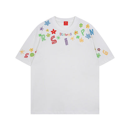 T-SHIRT Hand-Painted Graffiti Print Short Sleeve Loose Casual Cotton T-Shirt for Summer Vacation