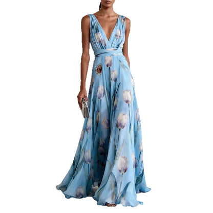 Elegant Tulip Print Evening Dress for Women Sleeveless V-Neck Chiffon Long Dress