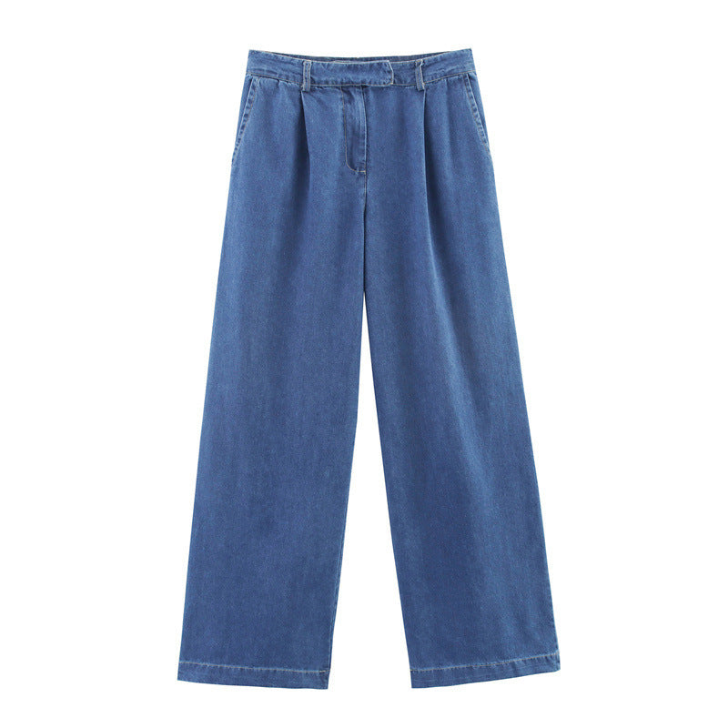 Wide Sleeve Denim Shirt and Pleated Pants