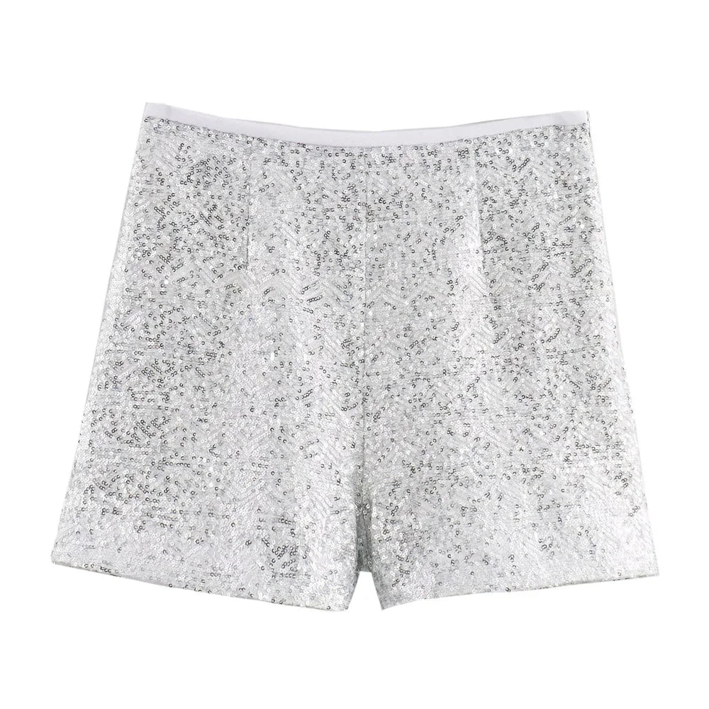 Summer New casual women's V-neck long sleeved sequined suit jacket casual high waisted shorts set