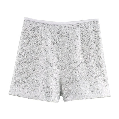 Summer New casual women's V-neck long sleeved sequined suit jacket casual high waisted shorts set
