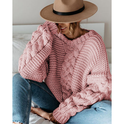Women's Solid Color Round Neck Cable Knit Batwing Sleeve Loose Casual Pullover Sweater