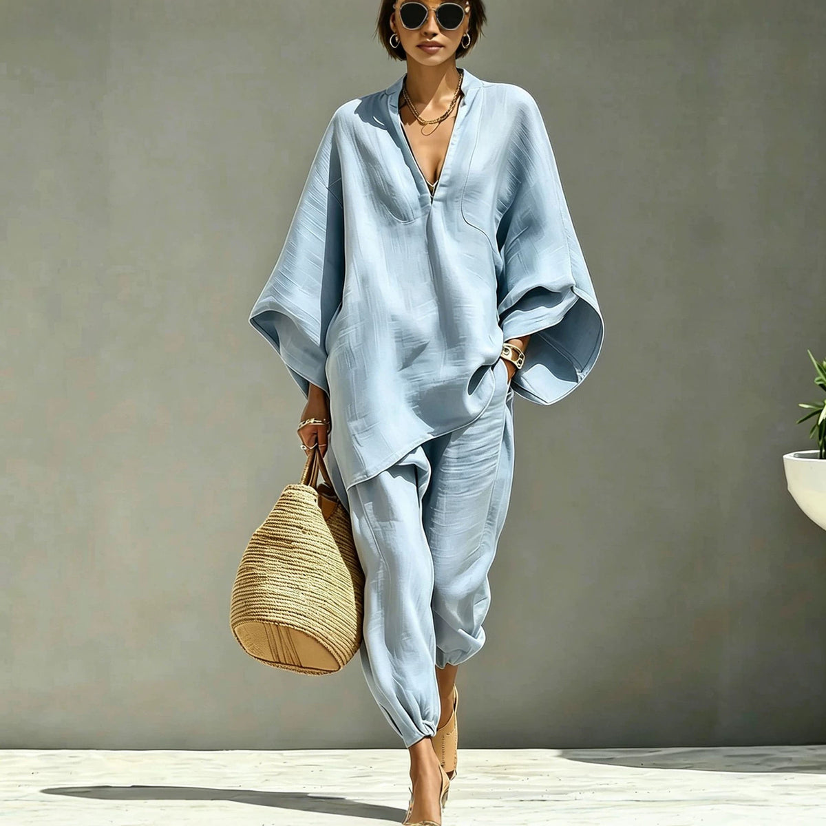 Women Casual Batwing Sleeve V-Neck Linen Blend Suit