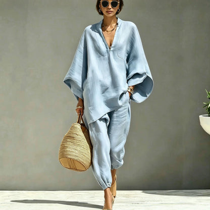 Women Casual Batwing Sleeve V-Neck Linen Blend Suit