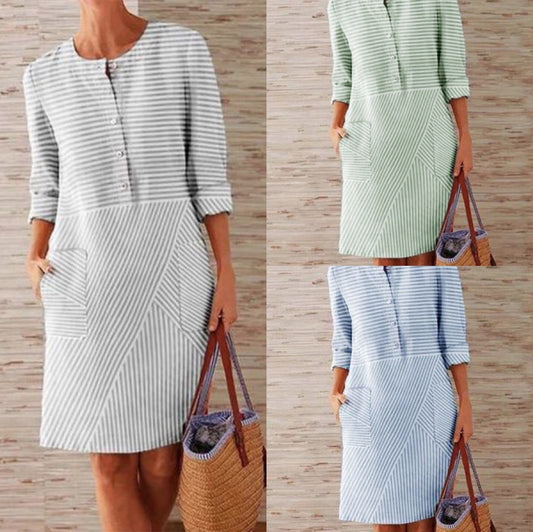 Gestreepte midi-jurk met knoopjes en zakken