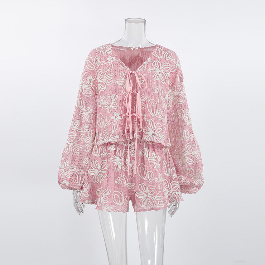 V-neck long sleeved lace up top and shorts two-piece set