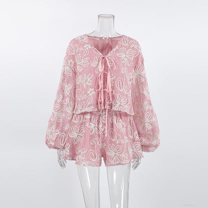V-neck long sleeved lace up top and shorts two-piece set