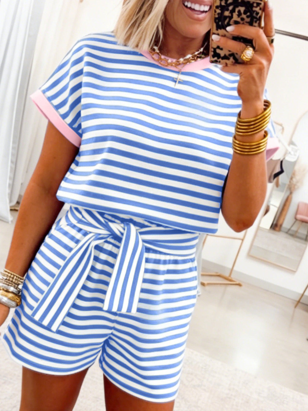 Women's Striped Short Sleeve Shorts Set