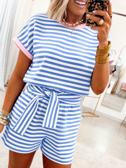 Women's Striped Short Sleeve Shorts Set