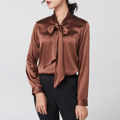 Heavy mulberry silk shirt with ribbon Women's Spring and Autumn new long sleeve bottoming V-neck bow women's silk shirt