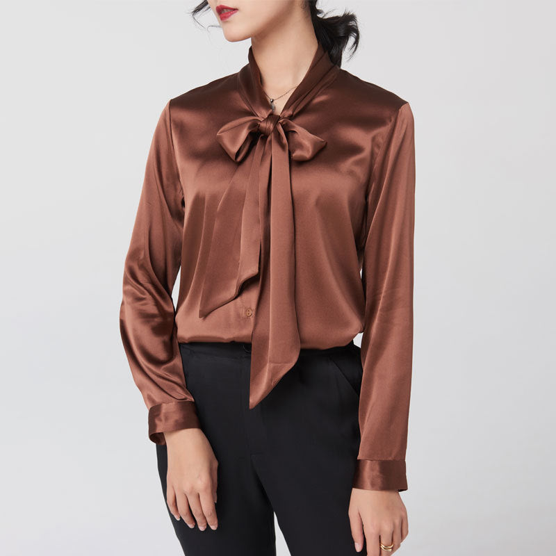 Heavy mulberry silk shirt with ribbon Women's Spring and Autumn new long sleeve bottoming V-neck bow women's silk shirt