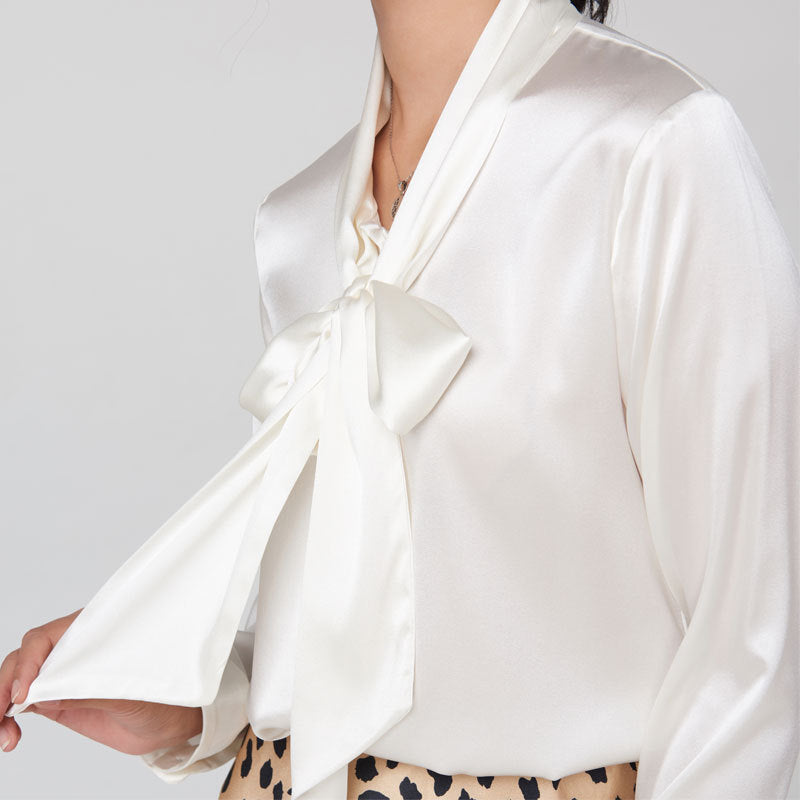 Heavy mulberry silk shirt with ribbon Women's Spring and Autumn new long sleeve bottoming V-neck bow women's silk shirt