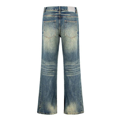 Heren denim jeans met kattenbaardmotief slubstiksels gewassen en verwassen look