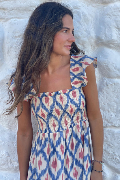 Maxi-jurk met etnische geometrische print vierkante hals hoge taille en ruches