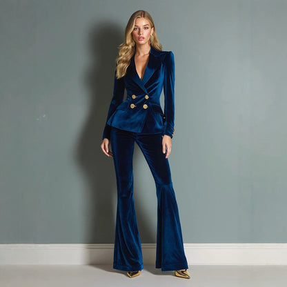 Velvet Lapel Blazer and Bell-Bottom Pants Set