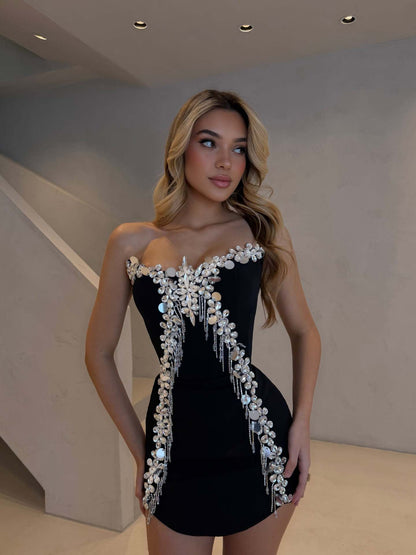 Women's Rhinestone Tube Top Mini Dress with Slim Fit