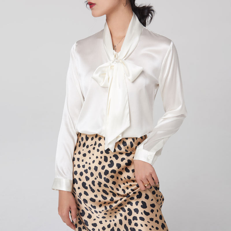 Heavy mulberry silk shirt with ribbon Women's Spring and Autumn new long sleeve bottoming V-neck bow women's silk shirt