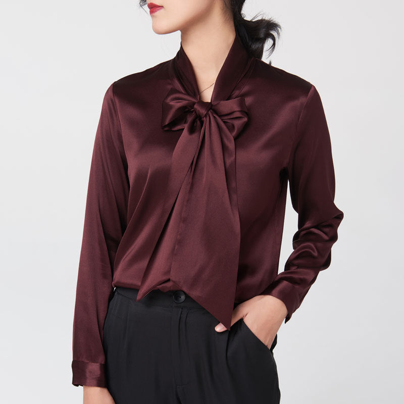 Heavy mulberry silk shirt with ribbon Women's Spring and Autumn new long sleeve bottoming V-neck bow women's silk shirt