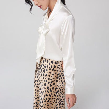 Heavy mulberry silk shirt with ribbon Women's Spring and Autumn new long sleeve bottoming V-neck bow women's silk shirt