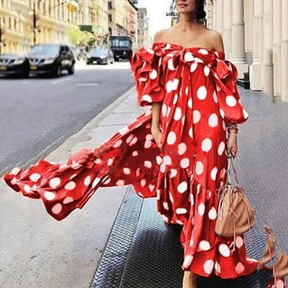 2025 European and American Foreign trade cross-border women's clothing dress Amazon off-shoulder polka dot casual bohemian maxi dress