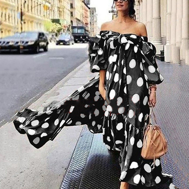 2025 European and American Foreign trade cross-border women's clothing dress Amazon off-shoulder polka dot casual bohemian maxi dress
