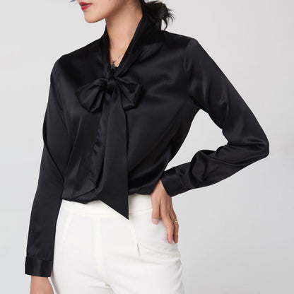Heavy mulberry silk shirt with ribbon Women's Spring and Autumn new long sleeve bottoming V-neck bow women's silk shirt