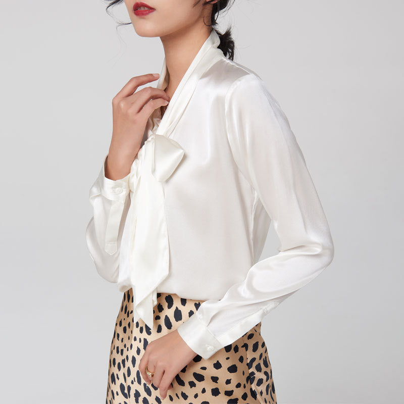 Heavy mulberry silk shirt with ribbon Women's Spring and Autumn new long sleeve bottoming V-neck bow women's silk shirt