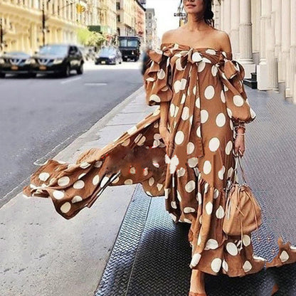 2025 European and American Foreign trade cross-border women's clothing dress Amazon off-shoulder polka dot casual bohemian maxi dress