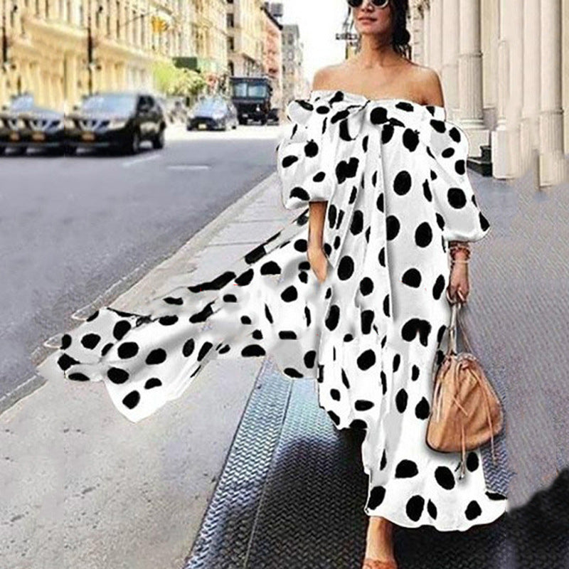 2025 European and American Foreign trade cross-border women's clothing dress Amazon off-shoulder polka dot casual bohemian maxi dress