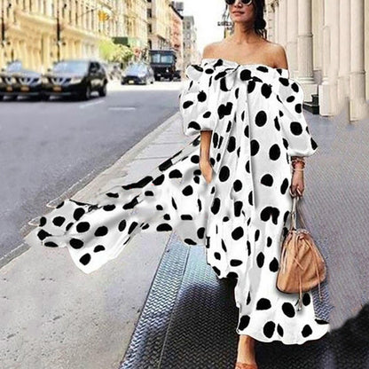 2025 European and American Foreign trade cross-border women's clothing dress Amazon off-shoulder polka dot casual bohemian maxi dress