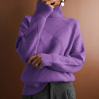 Womens Solid Color High Neck Diamond Pattern Loose Knitwear Sweater