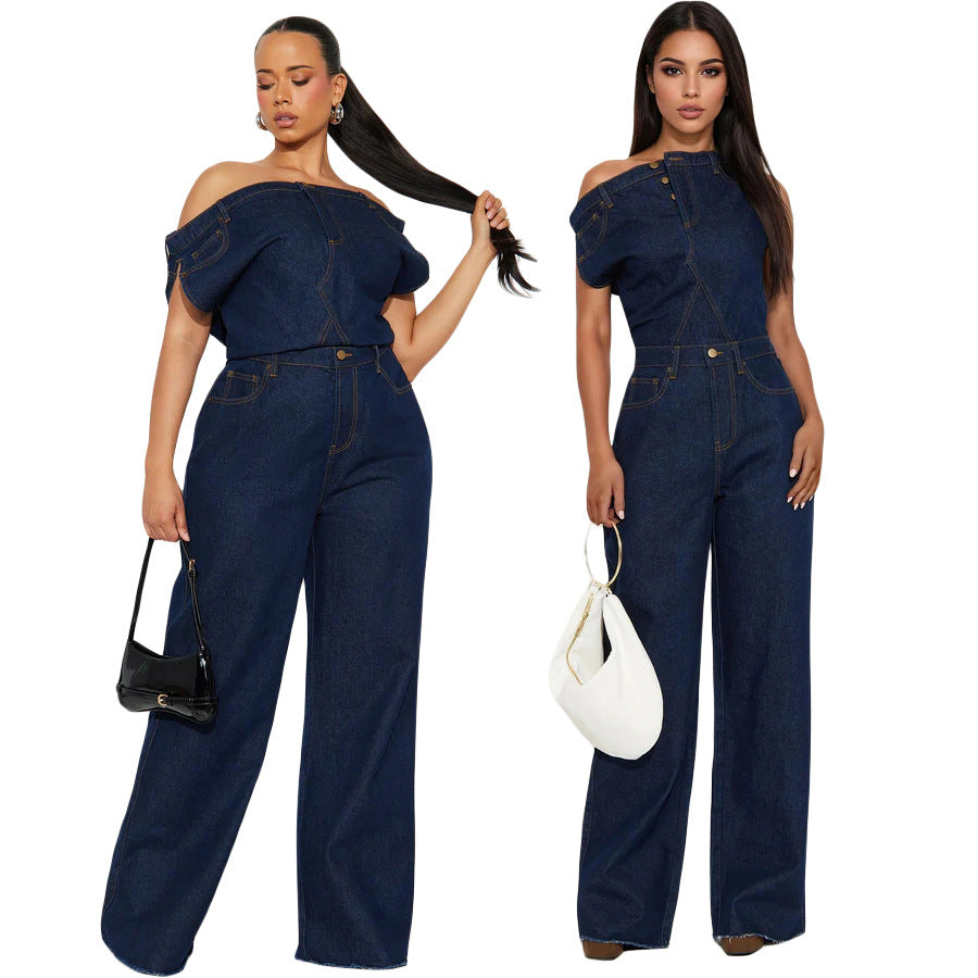 Strapless jumpsuit van denim met één schouderband