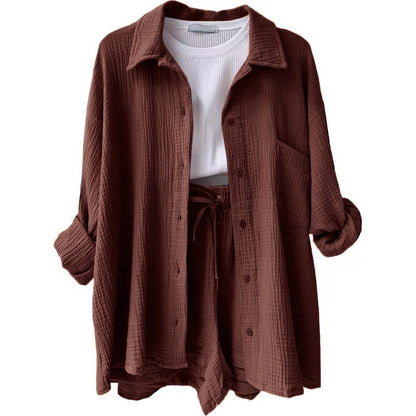 Wrinkled collar long sleeved shirt high waisted drawstring shorts two-piece set