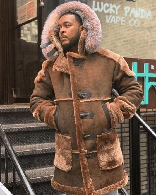 Warme Sherpa Gevoerde Suède Leer Lange Jas Met Bont