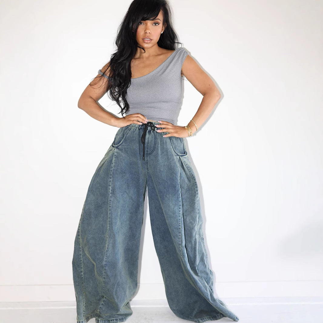 Casual Women's Straight Leg Jeans with Elastic Waist and Drawstring, Street Fashion StyleDenim Pants