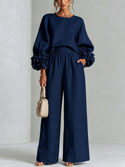 Women's Two-Piece Set Lantern Sleeve Top and Wide-Leg Pants Casual Loose Suit