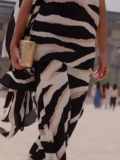 Zebraprint top met één schouder onregelmatige zoom wijde pijpen pak