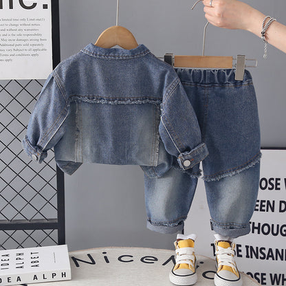 Clothing for male baby autumn denim long sleeved three piece set