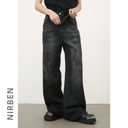 Retro wide-leg denim pants - Men's American-style loose straight-leg pants