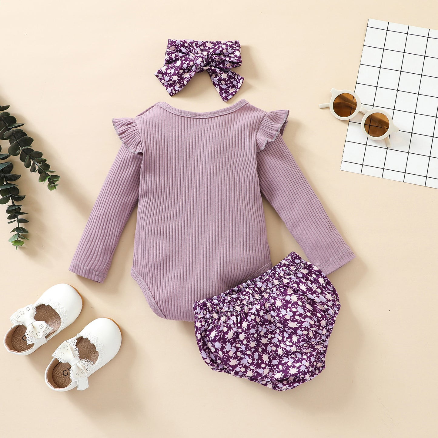 Romper Met Lange Mouwen Ruches Hoofdband En Broekje Voor Baby Meisjes
