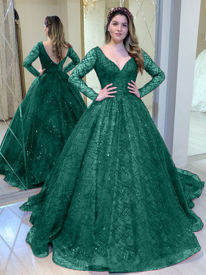 Lange kanten galajurk met lange mouwen en diepen V-hals