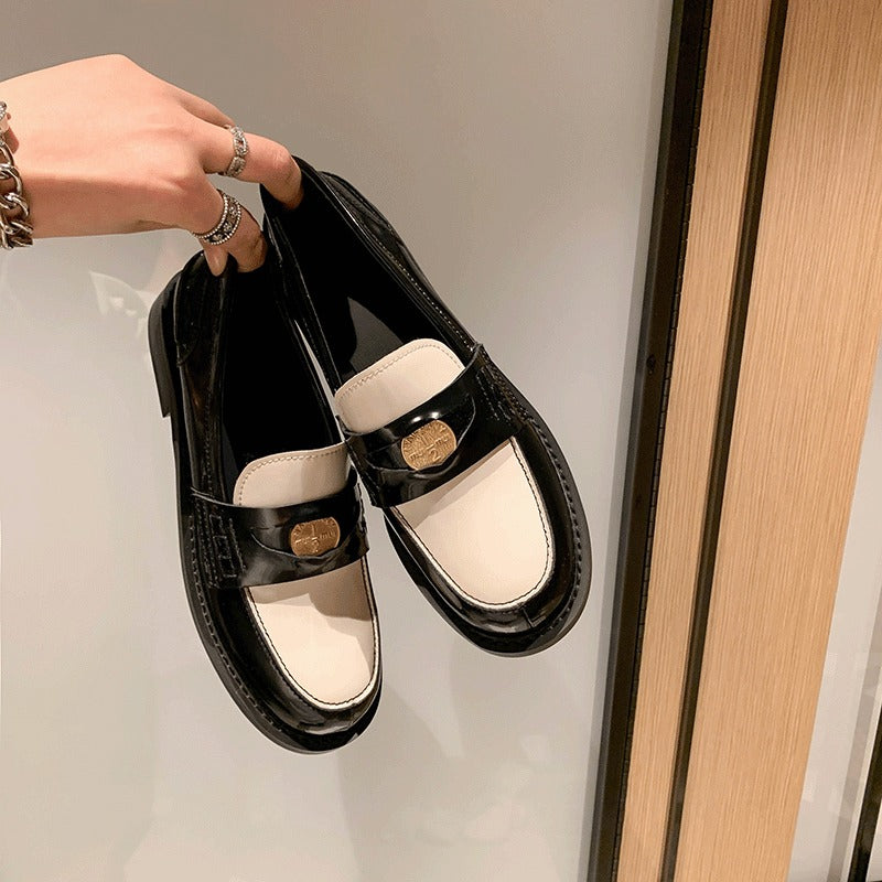 British style retro gold coin slip-on flat loafers casual fashion color matching round toe low heel single shoes