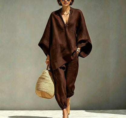 Women Casual Batwing Sleeve V-Neck Linen Blend Suit