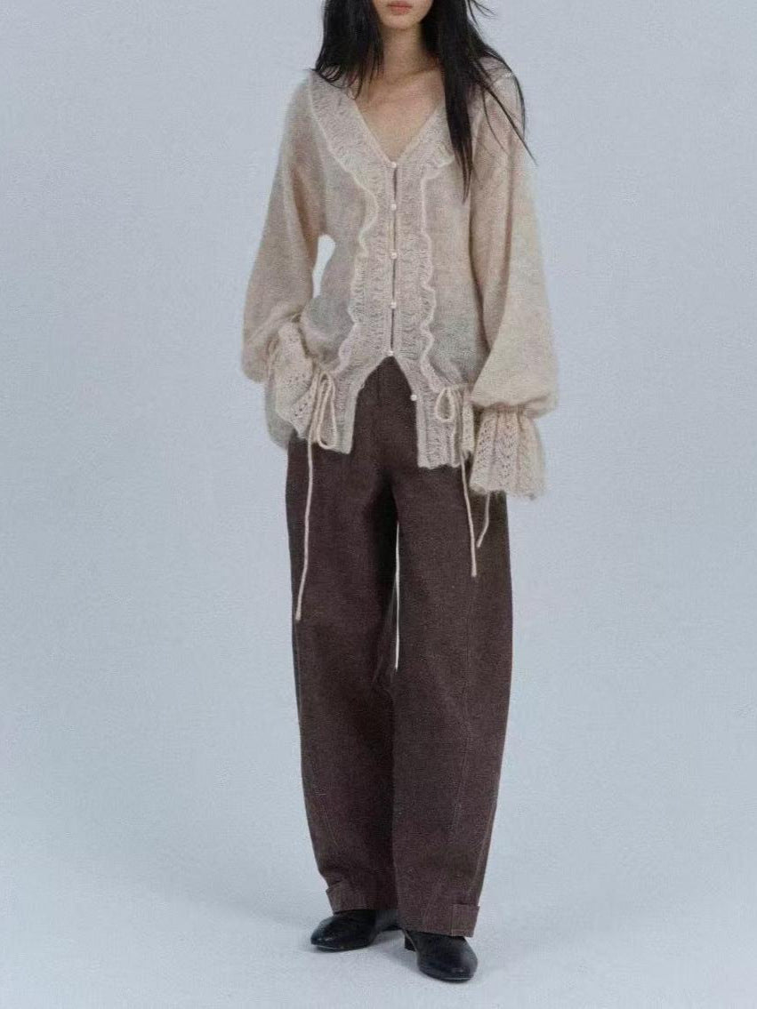 Oversized Mohair Wool Blend Cardigan Sweater with Pearl Buttons