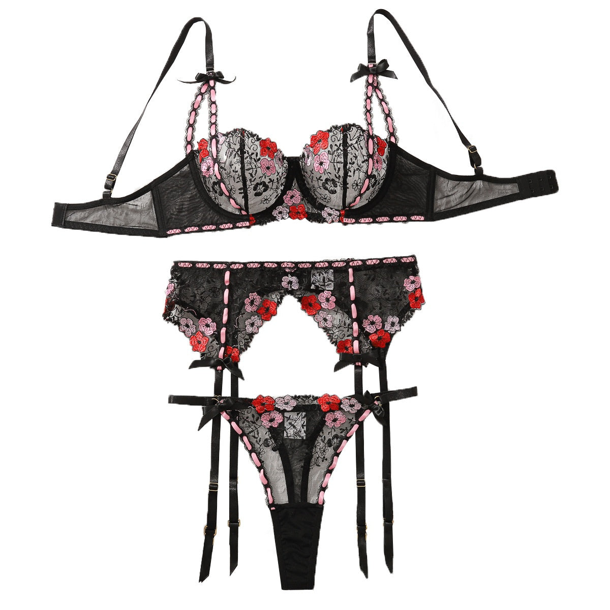 Women's embroidered flower gathering sexy lingerie uniform set