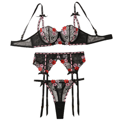 Women's embroidered flower gathering sexy lingerie uniform set